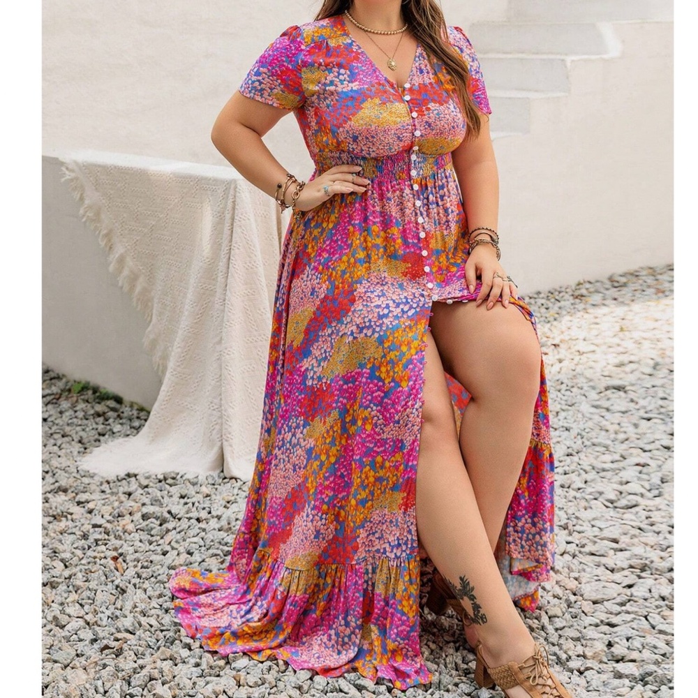 Plus Boho Floral Print Button Down Ruffle Hem Maxi Dress - Picture 4 of 5
